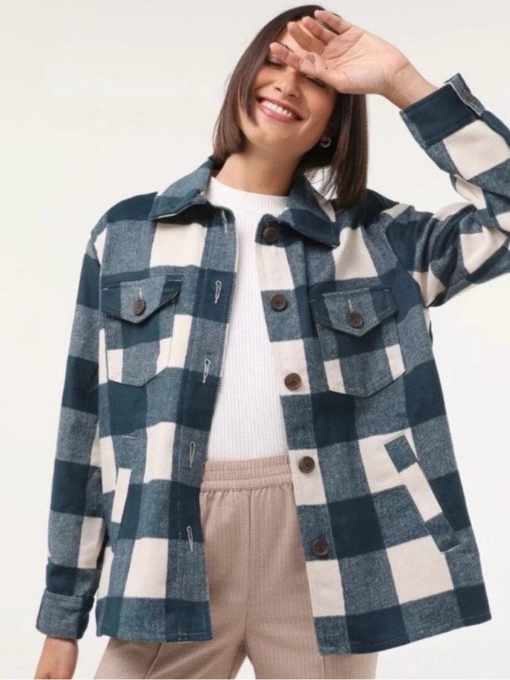 GAP Teal and Cream Plaid Utility Shacket